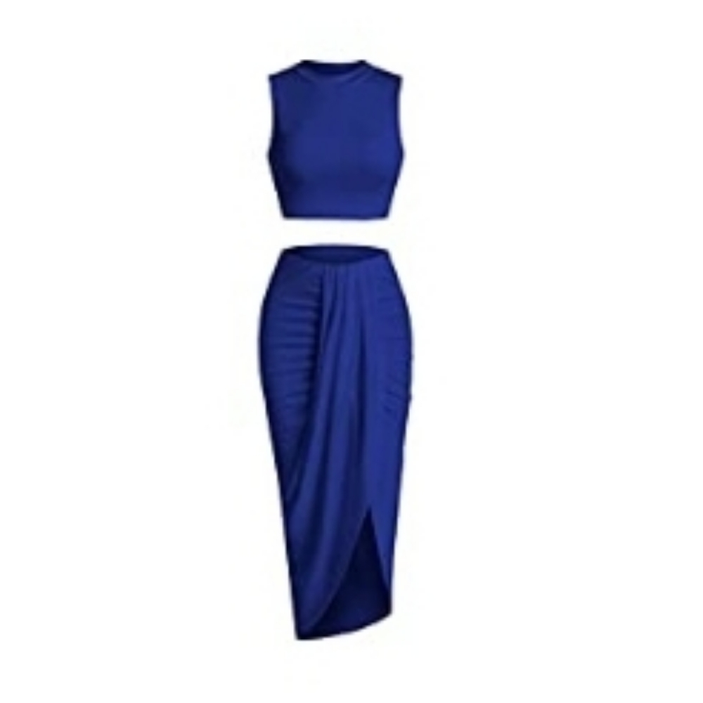 Women's Casual Sleeveless Summer Two Piece Outfits Crop Top and Side Split Drape